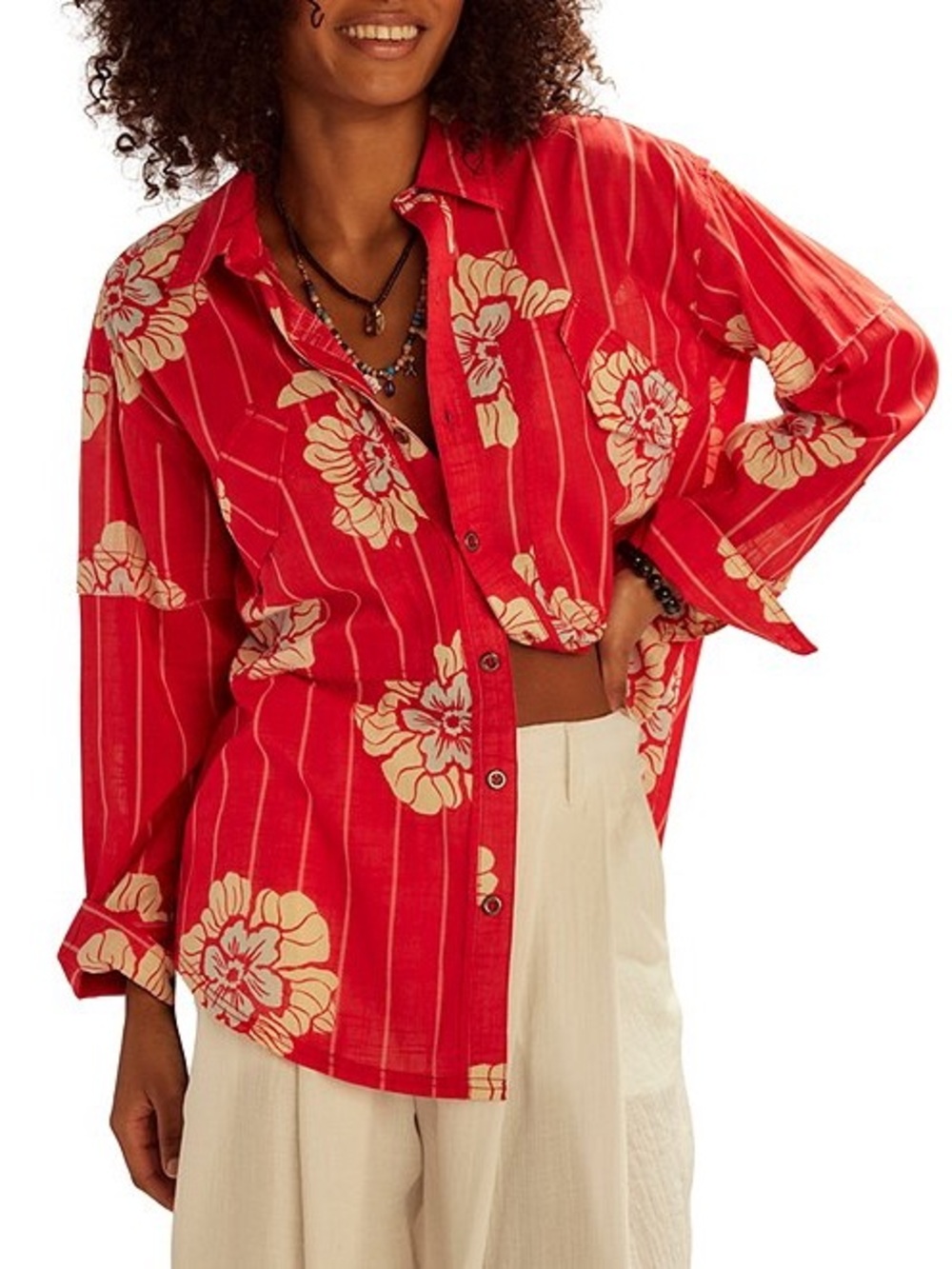 100% COTTON We The Free Red Floral Button-Down Shirt